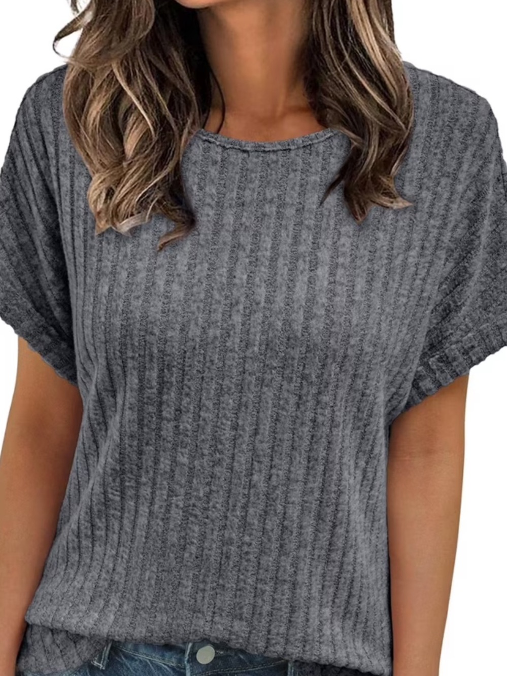 Women’s Ribbed Short-Sleeve Top - Gray